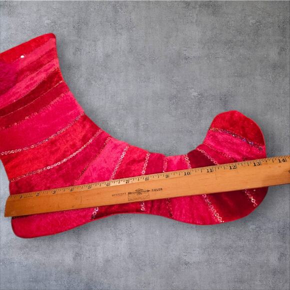 Large Red Sequined Striped Fireplace Christmas Stocking Elf Like Toes Pom Poms - Picture 6 of 7